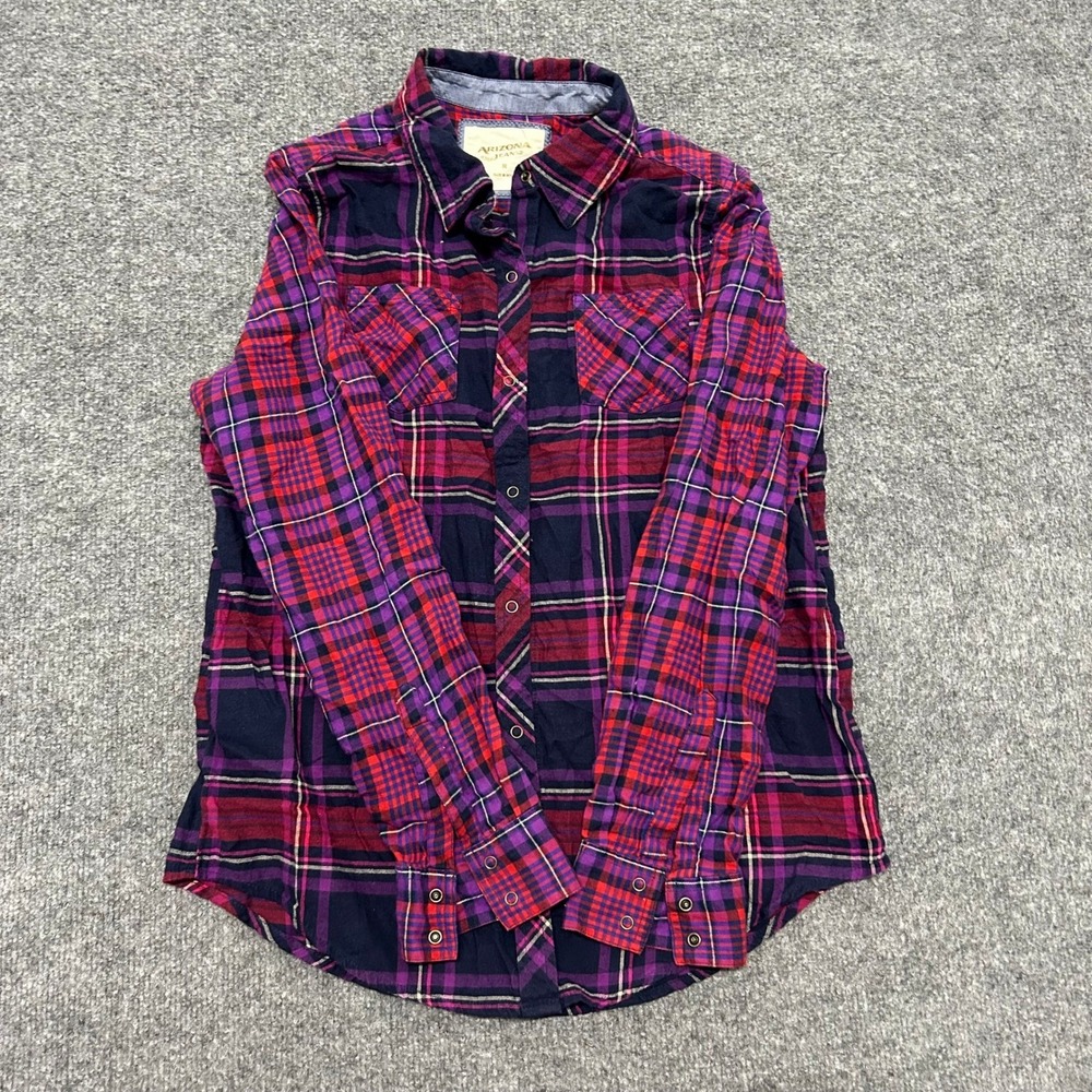 Arizona Jean Co Shirt Womens Size M Purple Plaid Snap Front Long Sleeve Casual